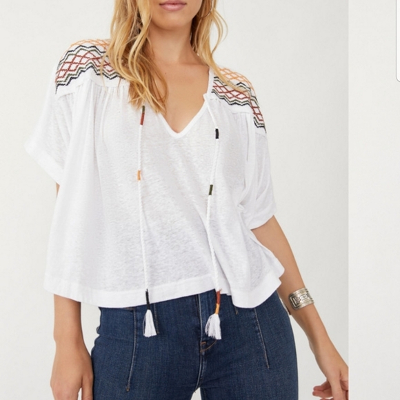 Free People Tops - Free People Market Embroidered V Neck Tie Front Top White Oversized Medium